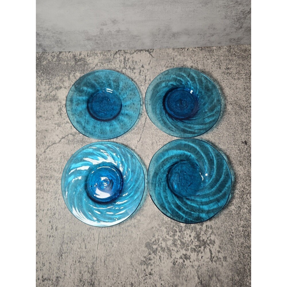 Vtg Venetian Blown Glass Blue Turquoise Aqua Swirl Plate Dinner Salad Pontil 4pc